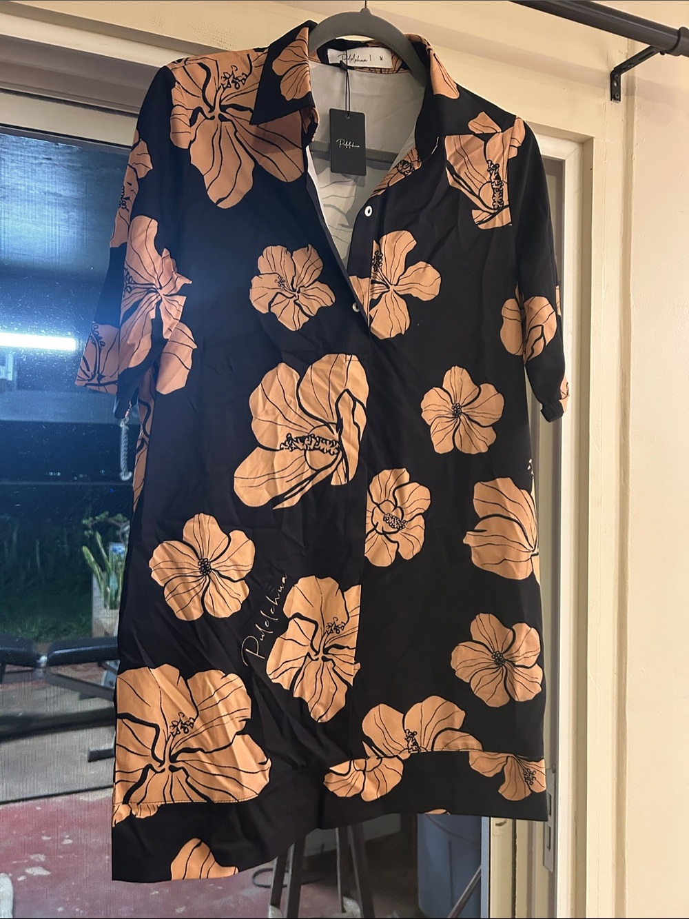 Pulelehua (Kalua) Relaxed Black Shirt Dress with Peach Floral Print
